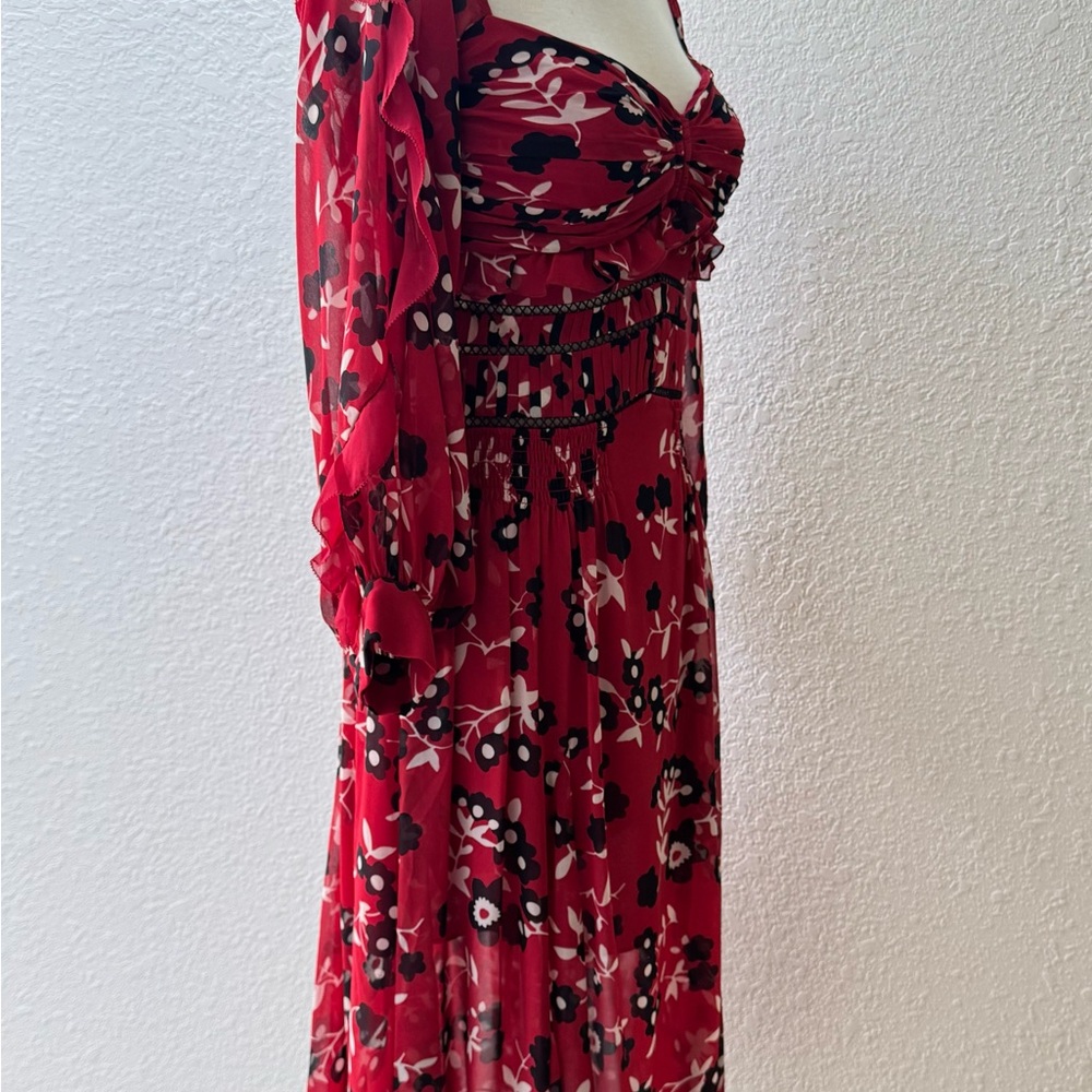 Self-Portrait Romantic Floral Off-Shoulder Red Ruffle Tiered Midi Dress Size 4 - Picture 5 of 13